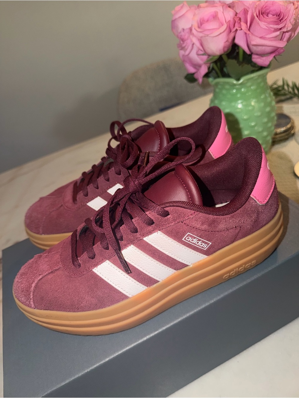 adidas court Women’s 7.5 or Kids 6 Burgundy Suede Platform Sneaker with Pink